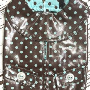 Brown with Blue Polka Dot Dog Rain Jacket
Medium 
Length 12”